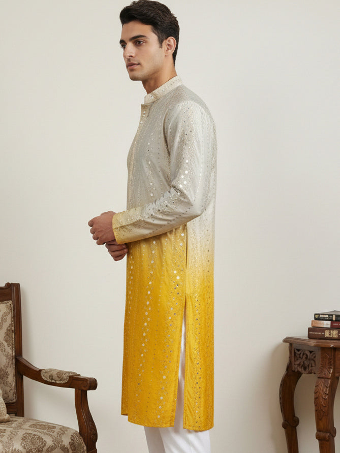 Ombre Silk Blend Kurta with Sequin Work ( 65KO 5357Yellow S ) [FF] [Q-12-13]