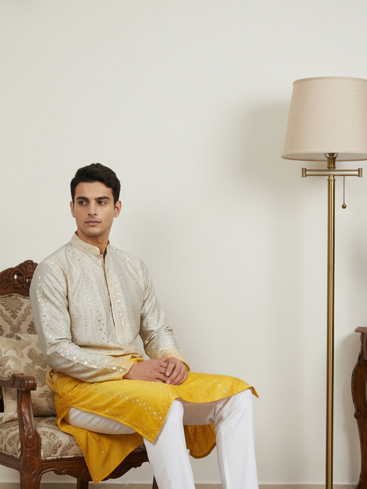 Ombre Silk Blend Kurta with Sequin Work ( 65KO 5357Yellow S ) [FF] [Q-12-13]