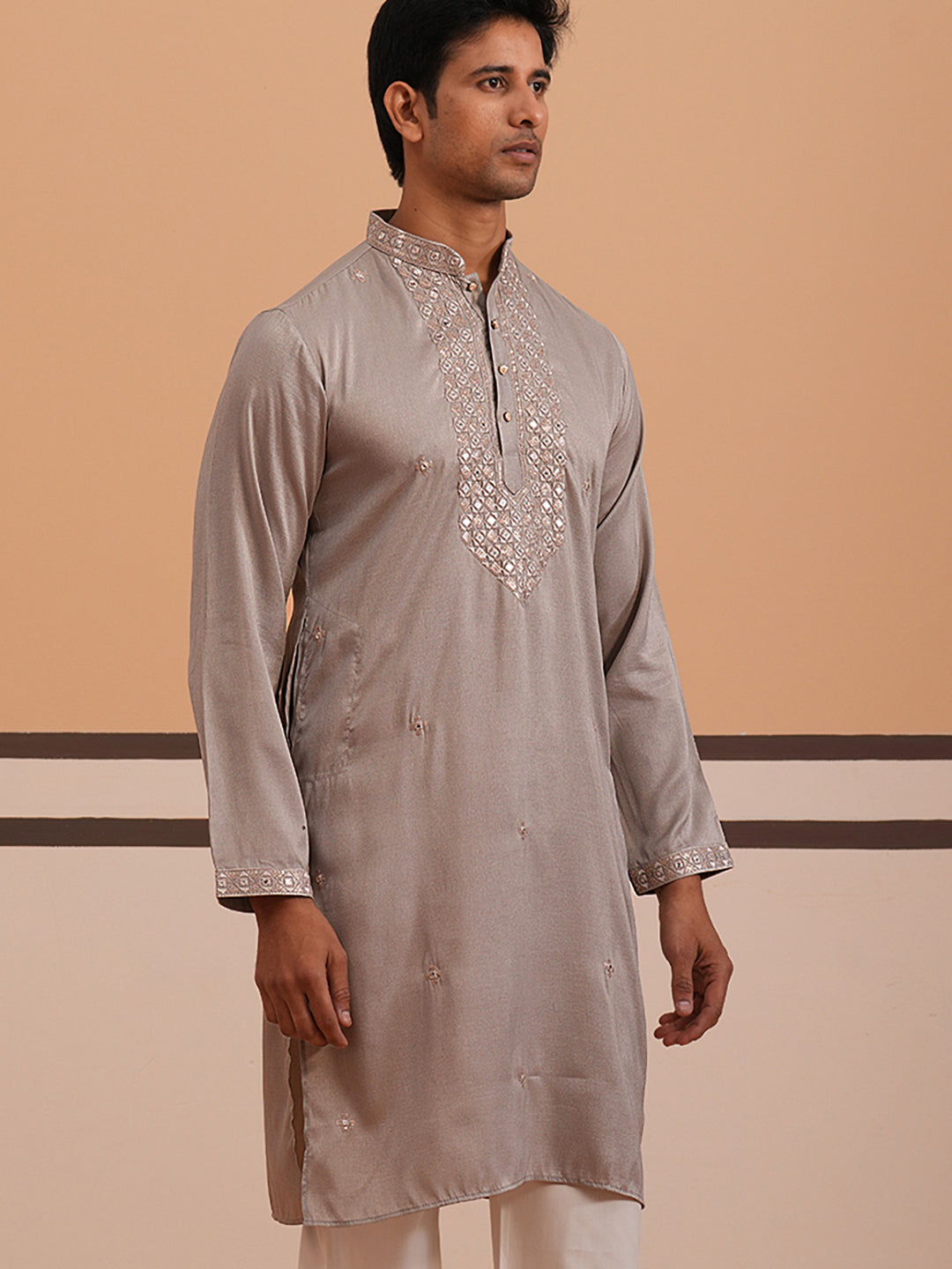 Men's Geometric Embroidered Kurta (65KO 5358 Grey ) [FF] [P-15]