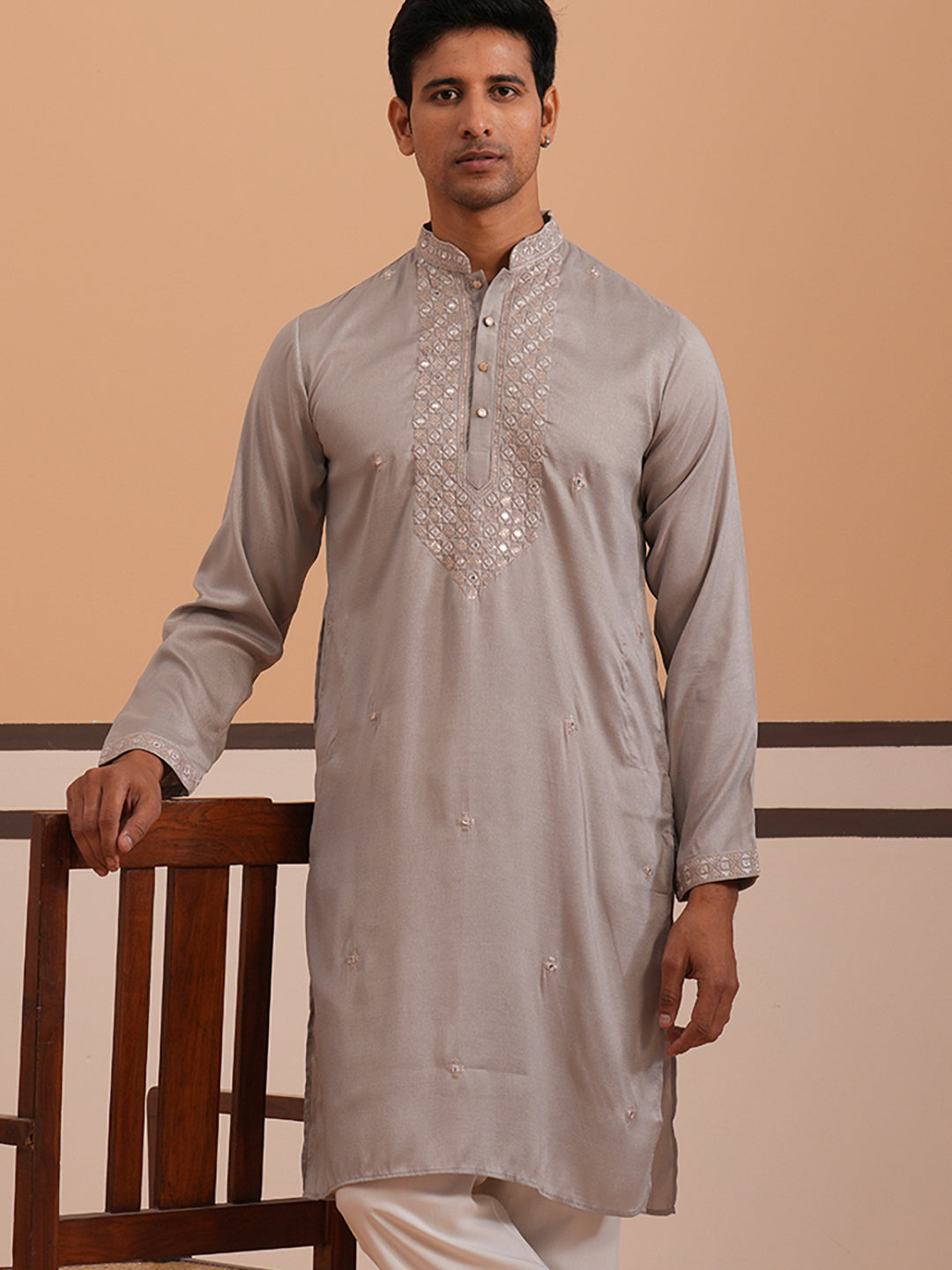 Men's Geometric Embroidered Kurta (65KO 5358 Grey ) [FF] [P-15]