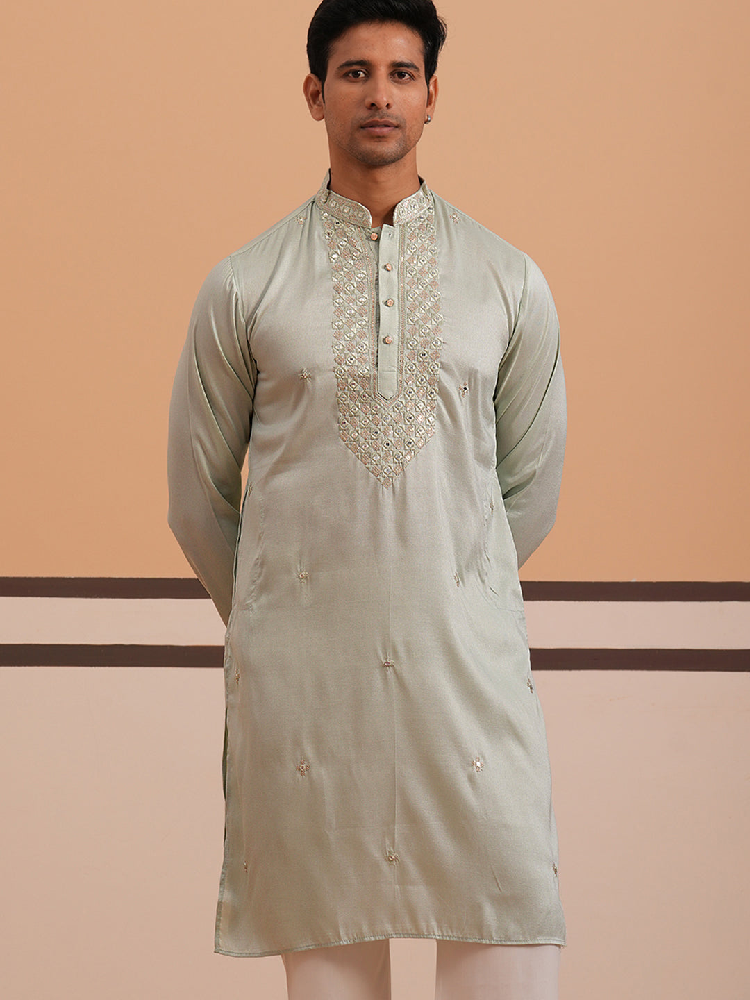 Men's Geometric Embroidered Kurta ( 65KO 5358 Pista ) [FF] [P-15]