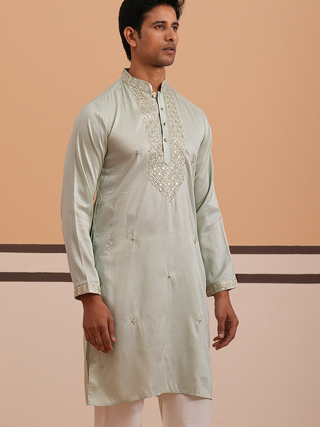 Men's Geometric Embroidered Kurta ( 65KO 5358 Pista ) [FF] [P-15]