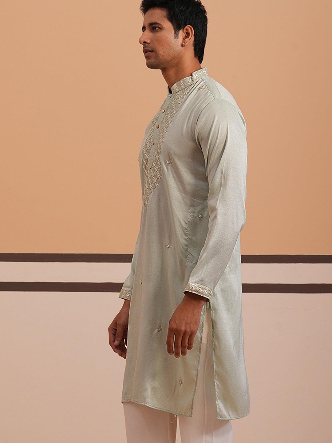 Men's Geometric Embroidered Kurta ( 65KO 5358 Pista ) [FF] [P-15]