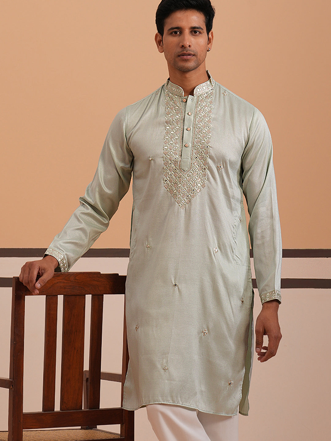 Men's Geometric Embroidered Kurta ( 65KO 5358 Pista ) [FF] [P-15]