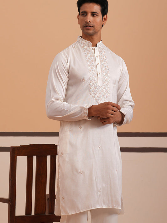 Men's Geometric Embroidered Kurta (65KO 5358 White ) [FF] [P-15]
