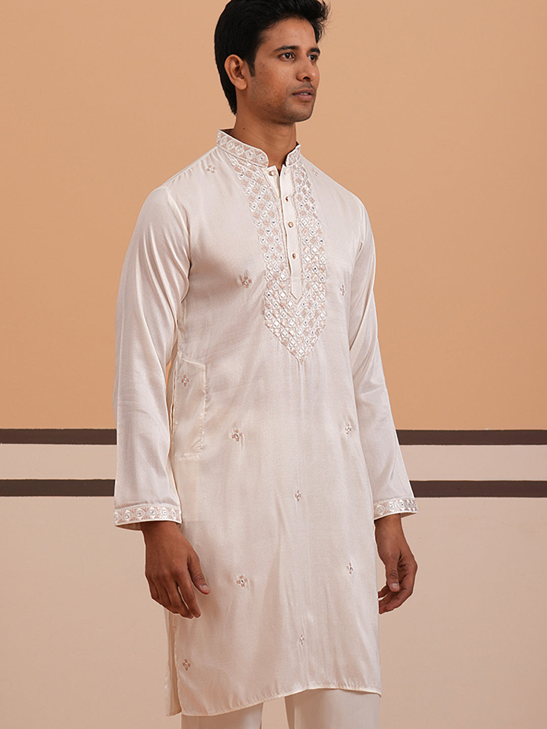 Men's Geometric Embroidered Kurta (65KO 5358 White ) [FF] [P-15]