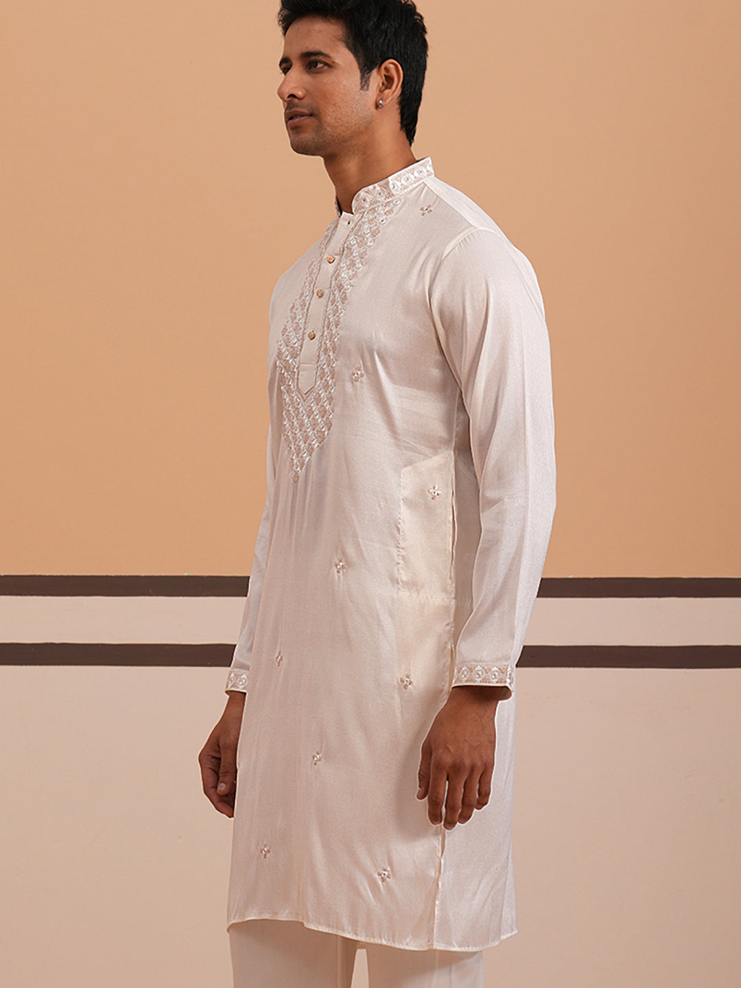 Men's Geometric Embroidered Kurta (65KO 5358 White ) [FF] [P-15]