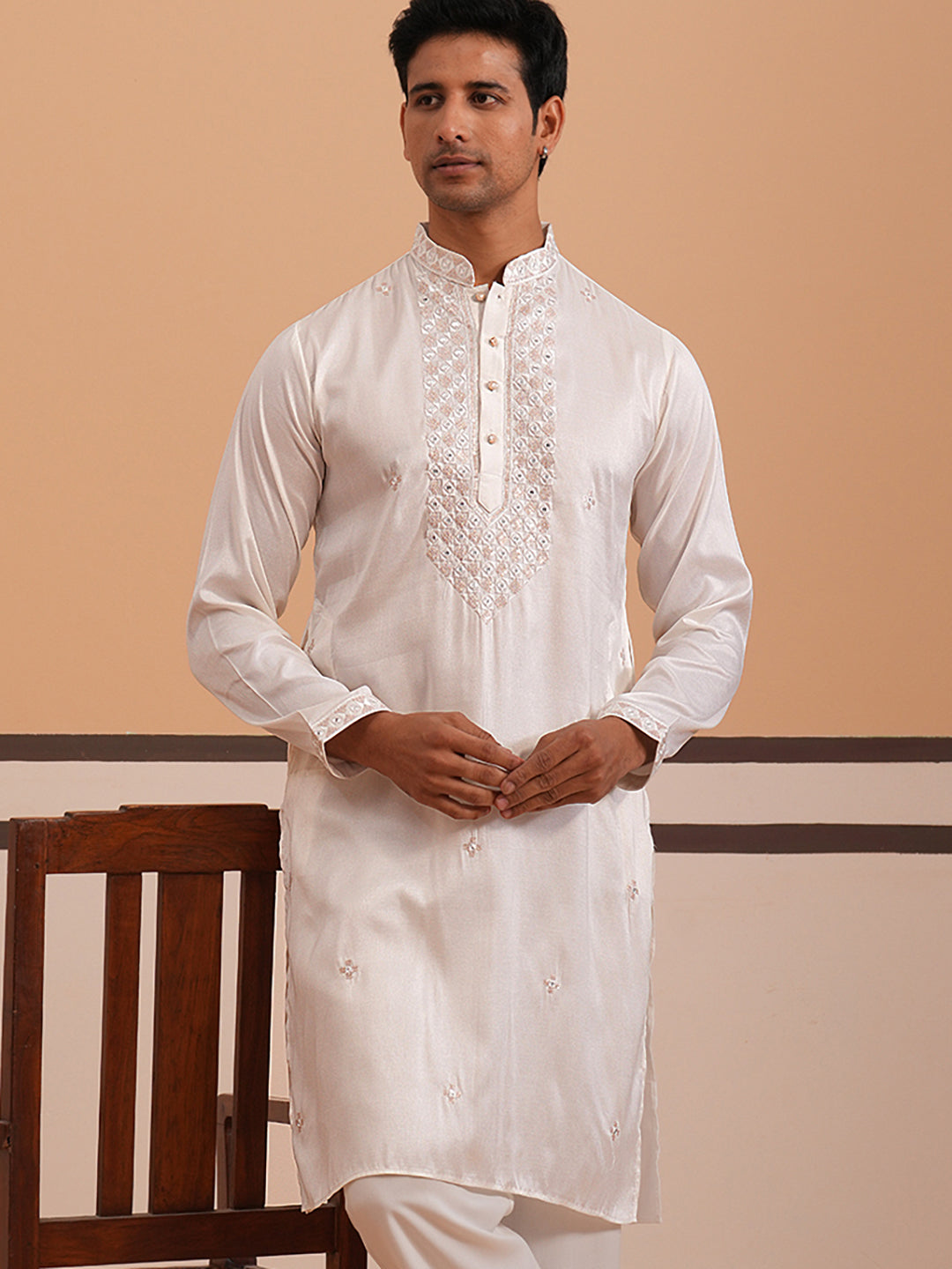 Men's Geometric Embroidered Kurta (65KO 5358 White ) [FF] [P-15]