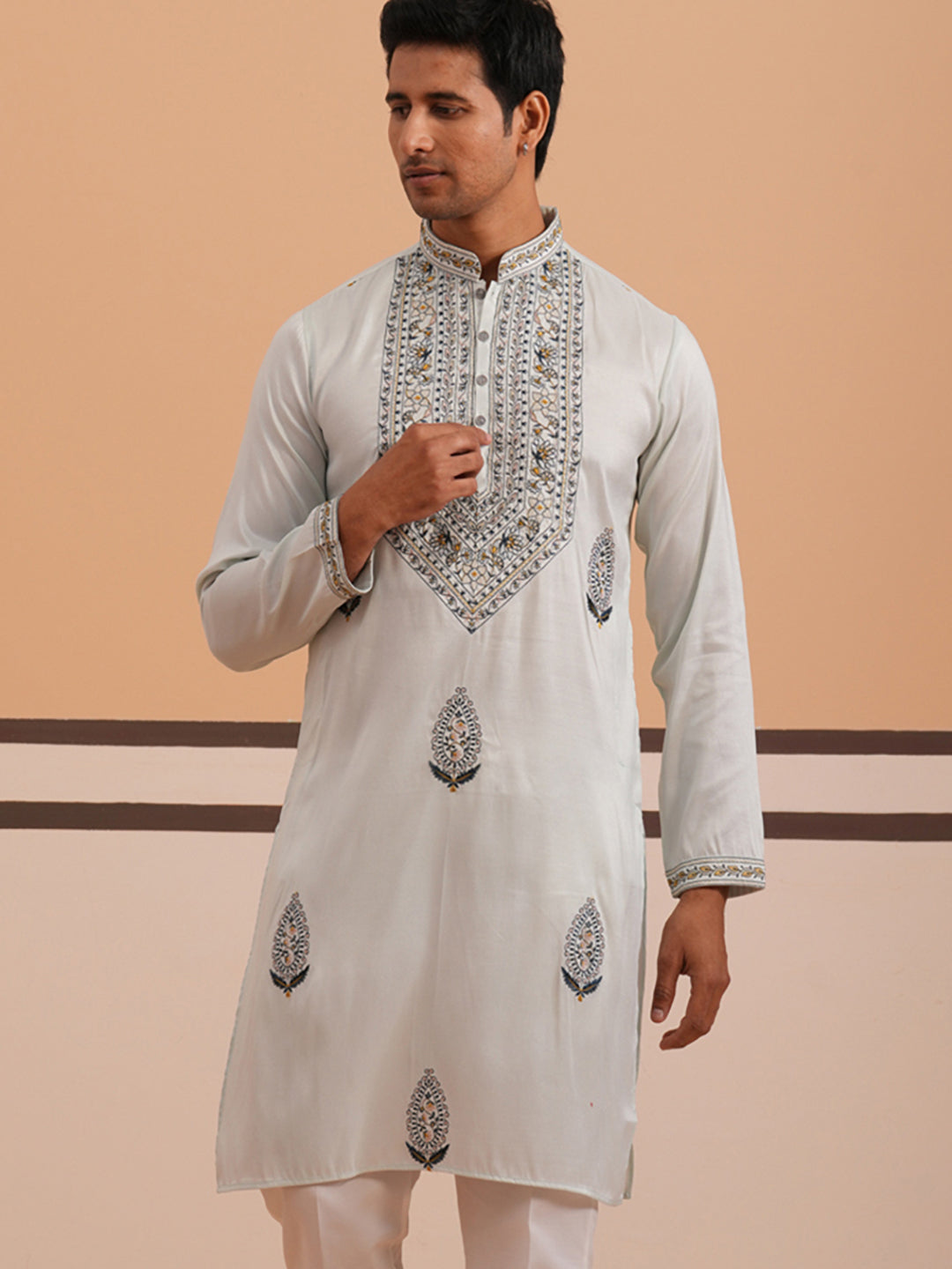 Traditional Embroidered Silk Blend Kurta (65KO 5361 Blue ) [FF] [P-5]