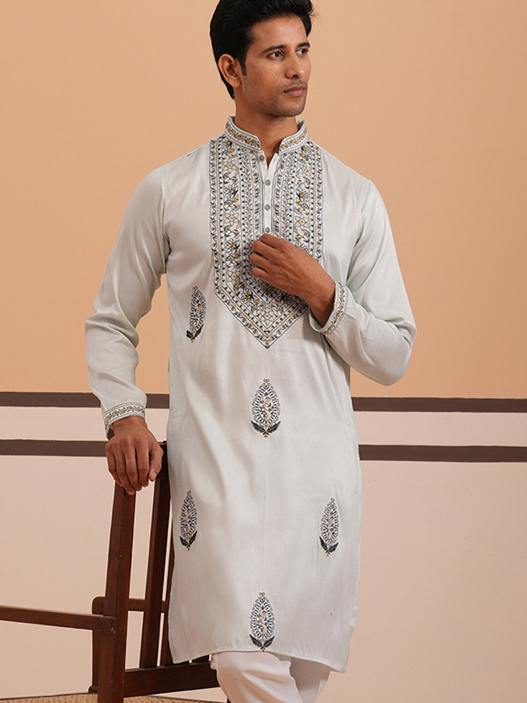 Traditional Embroidered Silk Blend Kurta (65KO 5361 Blue ) [FF] [P-5]