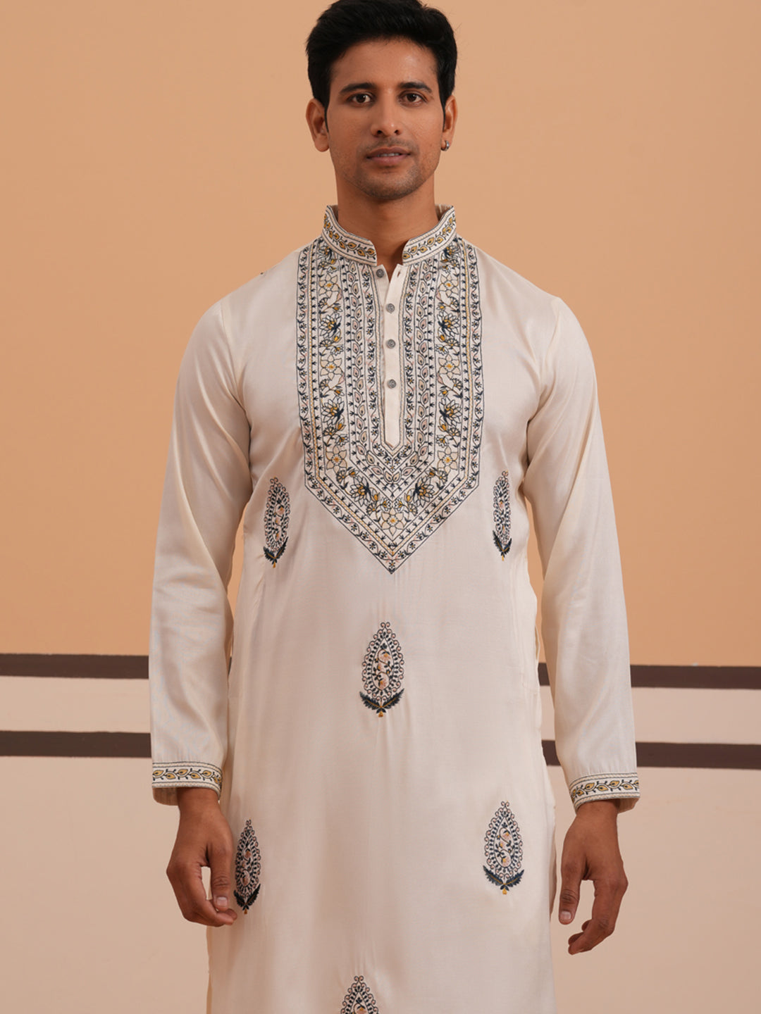 Traditional Embroidered Silk Blend Kurta (65KO 5361 White ) [FF] [P-5]