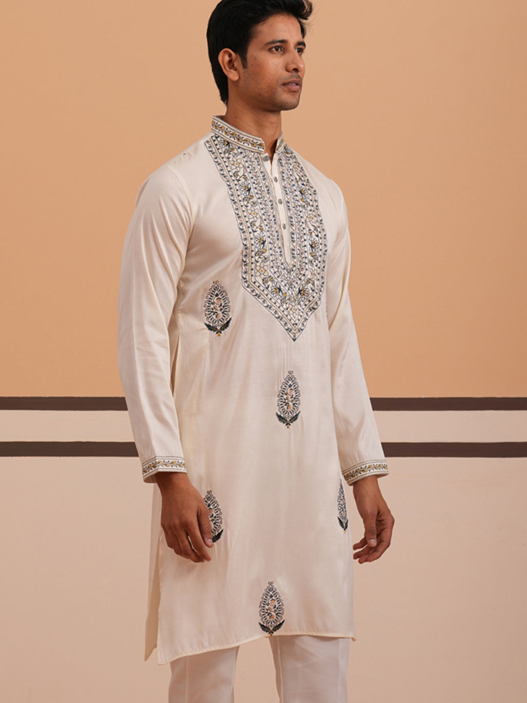 Traditional Embroidered Silk Blend Kurta (65KO 5361 White ) [FF] [P-5]