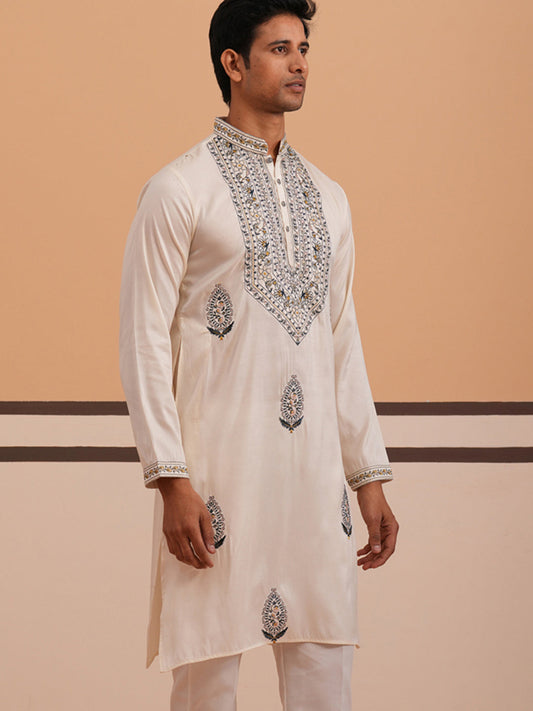 Traditional Embroidered Silk Blend Kurta (65KO 5361 White ) [FF] [P-5]