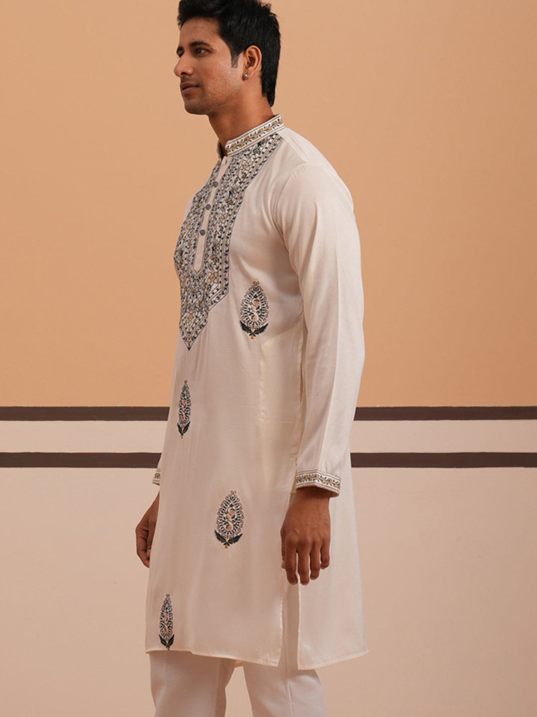Traditional Embroidered Silk Blend Kurta (65KO 5361 White ) [FF] [P-5]
