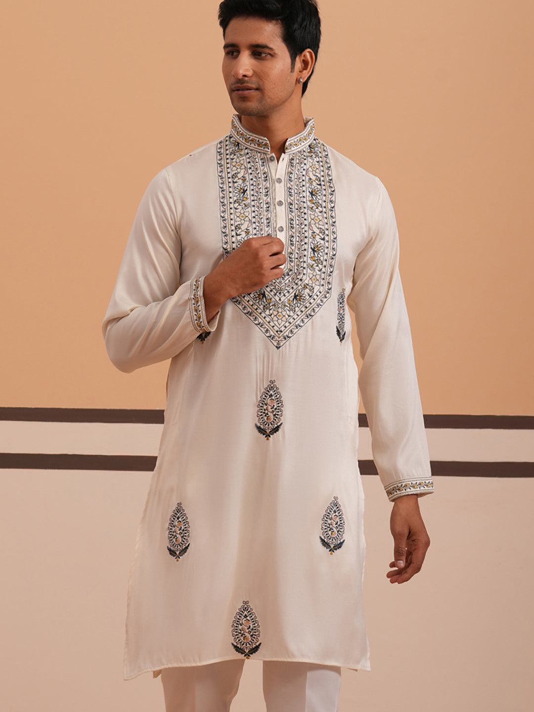 Traditional Embroidered Silk Blend Kurta (65KO 5361 White ) [FF] [P-5]