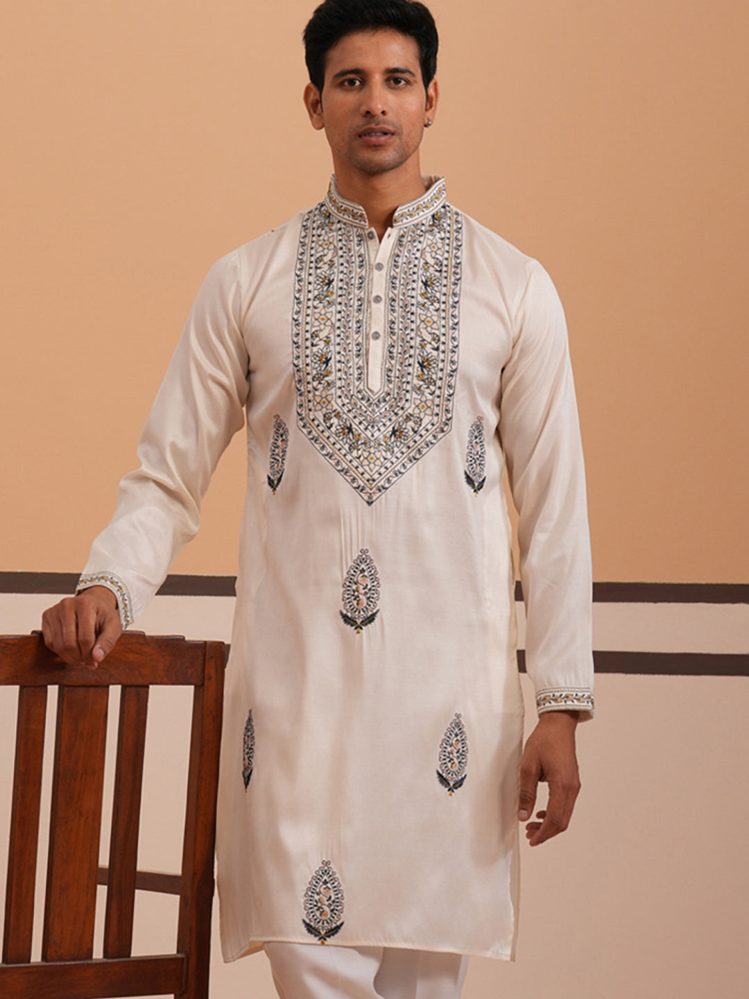 Traditional Embroidered Silk Blend Kurta (65KO 5361 White ) [FF] [P-5]