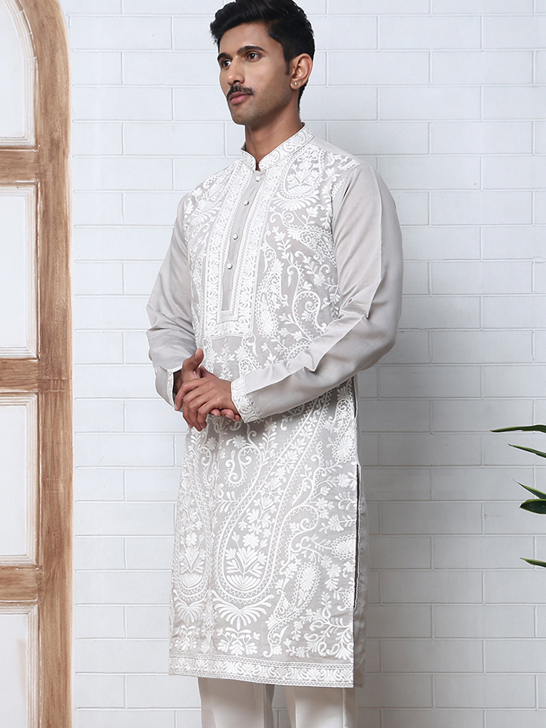 Floral Embroidered Silk Blend Kurta (65KO 5362 Grey ) [FF] [A-1-4]