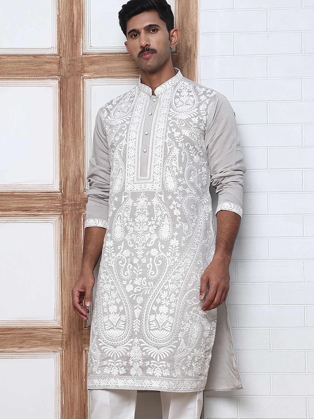 Floral Embroidered Silk Blend Kurta (65KO 5362 Grey ) [FF] [A-1-4]