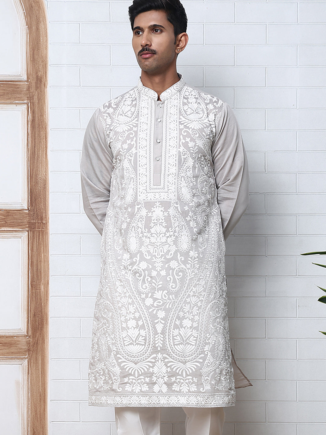 Floral Embroidered Silk Blend Kurta (65KO 5362 Grey ) [FF] [A-1-4]
