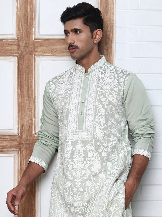 Floral Embroidered Silk Blend Kurta ( 65KO 5362 Lime ) [FF] [A-1-4]