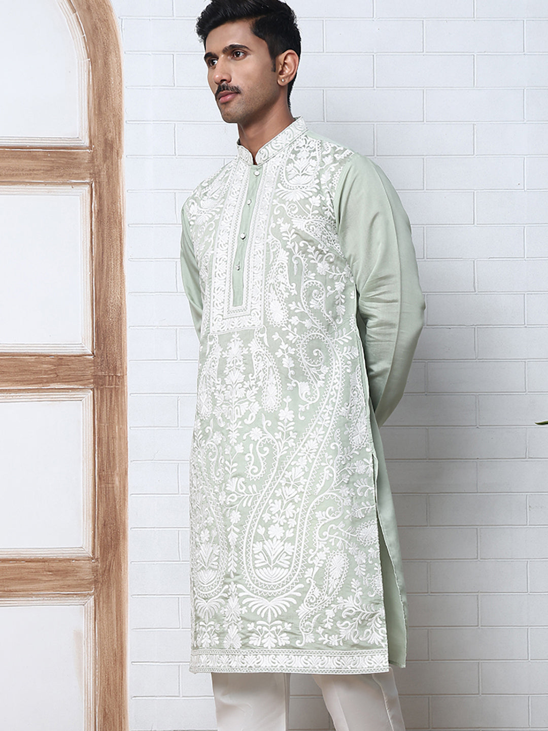 Floral Embroidered Silk Blend Kurta ( 65KO 5362 Lime ) [FF] [A-1-4]