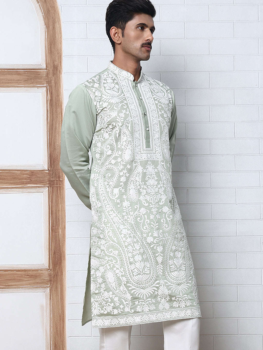Floral Embroidered Silk Blend Kurta ( 65KO 5362 Lime ) [FF] [A-1-4]