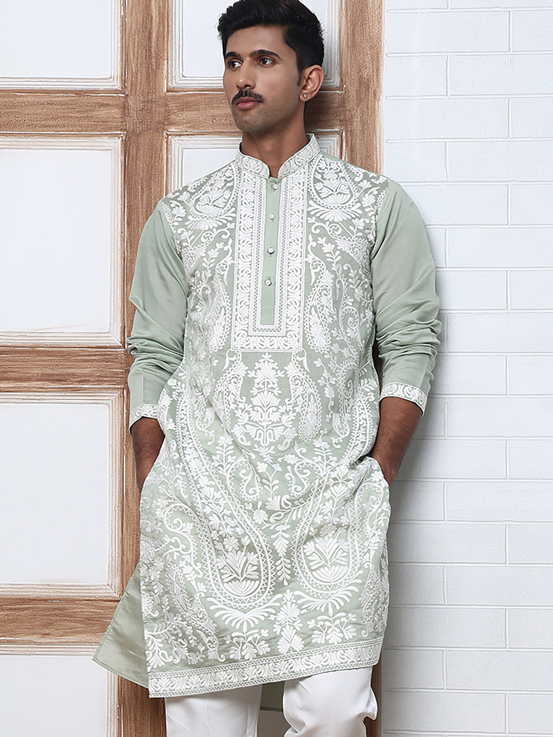 Floral Embroidered Silk Blend Kurta ( 65KO 5362 Lime ) [FF] [A-1-4]