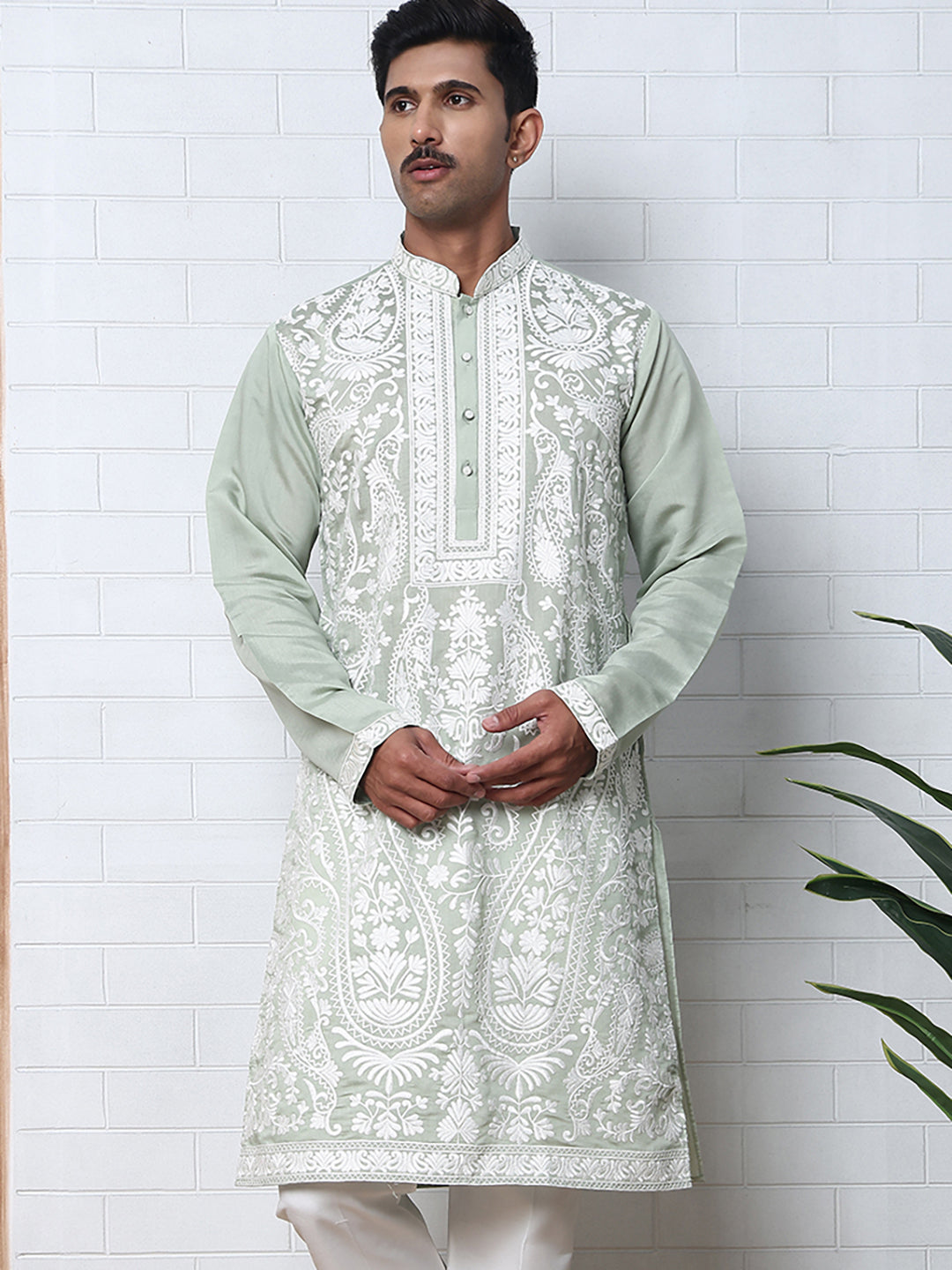 Floral Embroidered Silk Blend Kurta ( 65KO 5362 Lime ) [FF] [A-1-4]