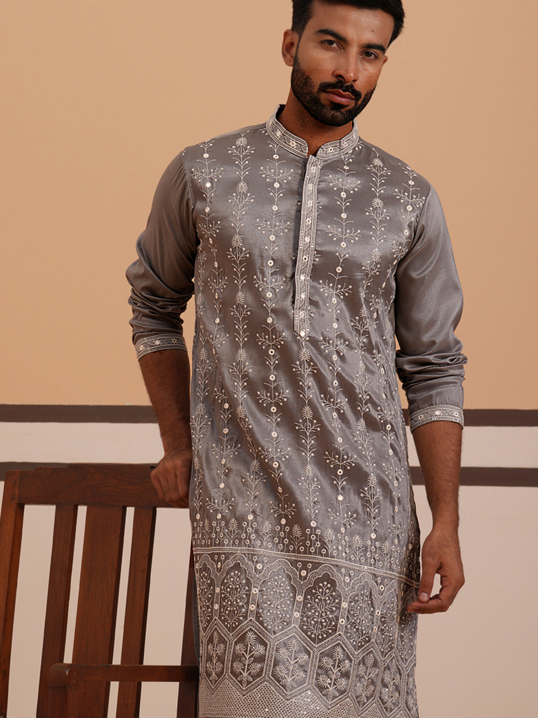 Festive Silk Blend Kurta with Sequins Work (65KO 5363 Grey ) [FF] [A-1-4]