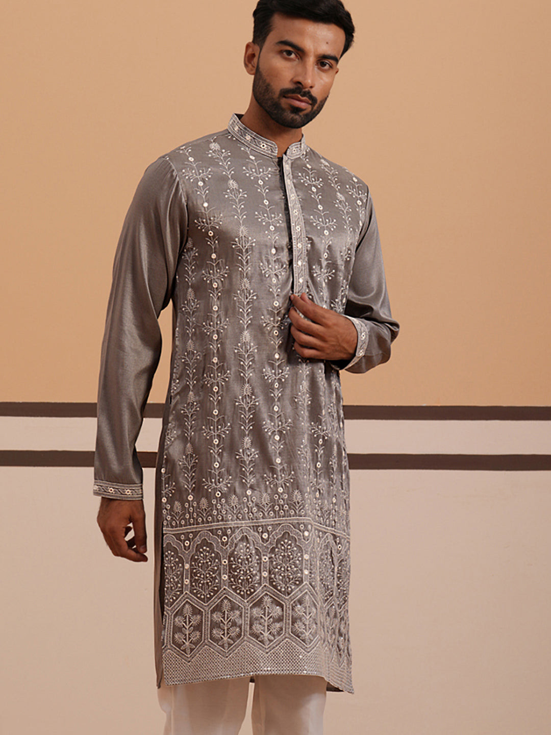 Festive Silk Blend Kurta with Sequins Work (65KO 5363 Grey ) [FF] [A-1-4]