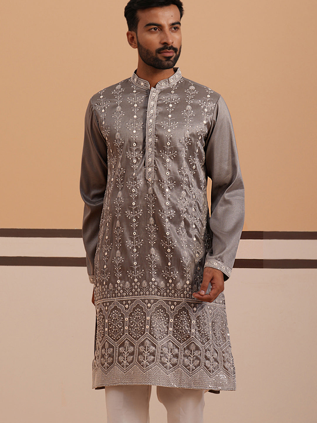 Festive Silk Blend Kurta with Sequins Work (65KO 5363 Grey ) [FF] [A-1-4]