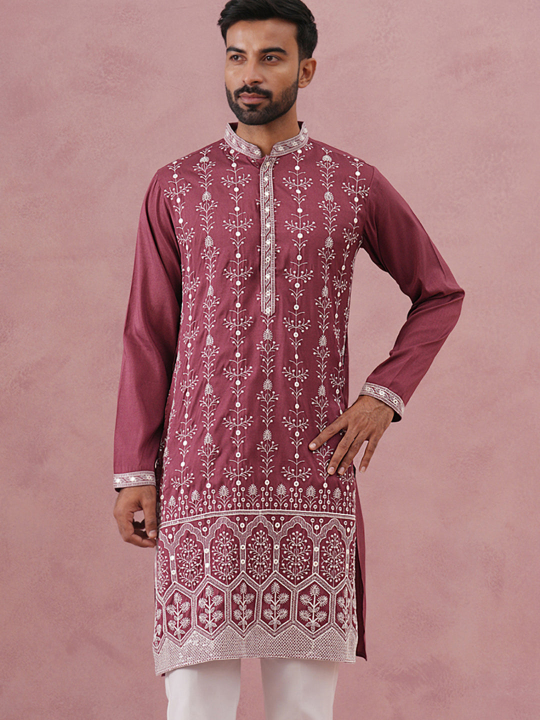 Festive Silk Blend Kurta with Sequins Work ( 65KO 5363 Maroon ) [FF] [A-1-4]
