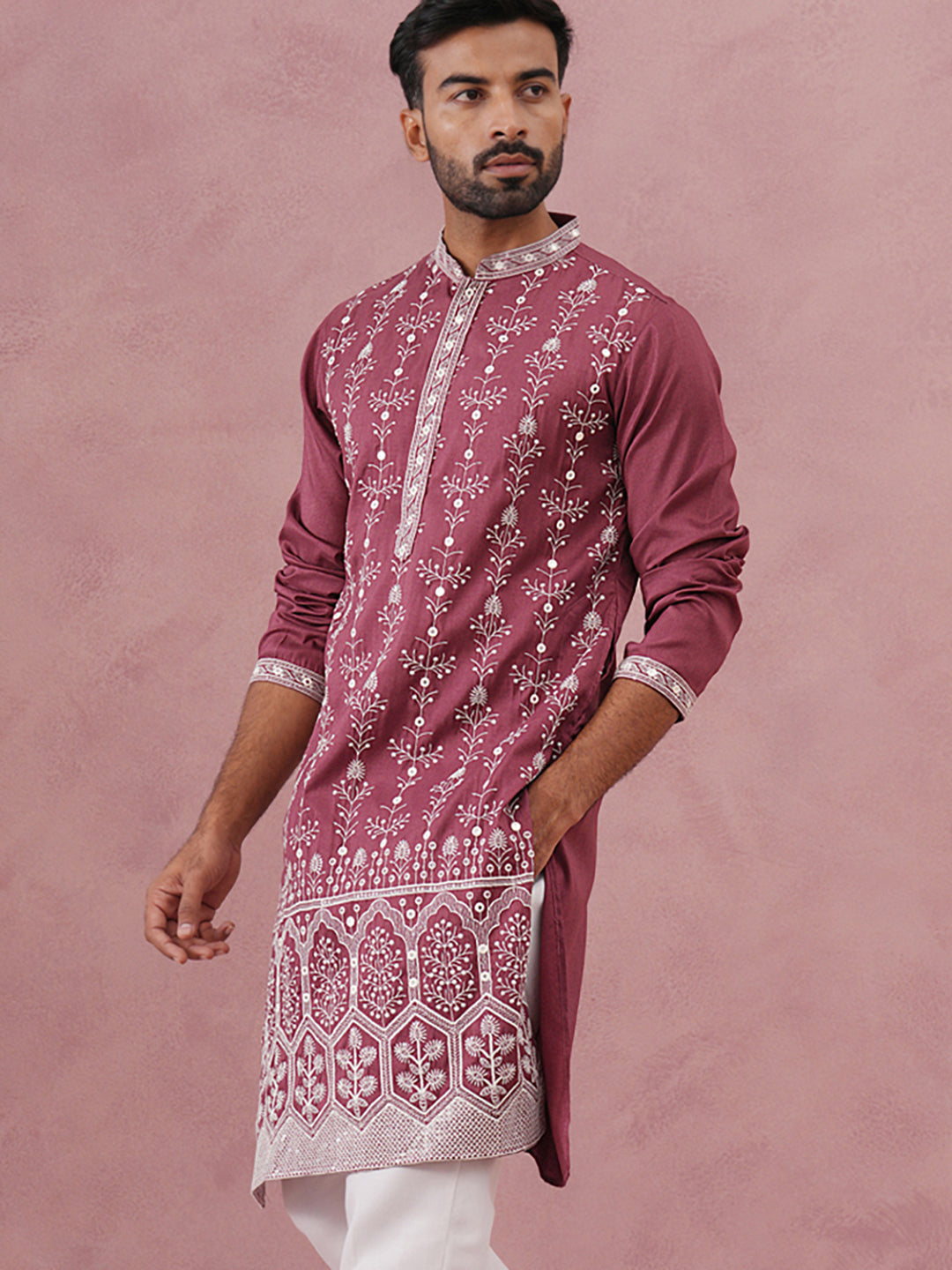 Festive Silk Blend Kurta with Sequins Work ( 65KO 5363 Maroon ) [FF] [A-1-4]