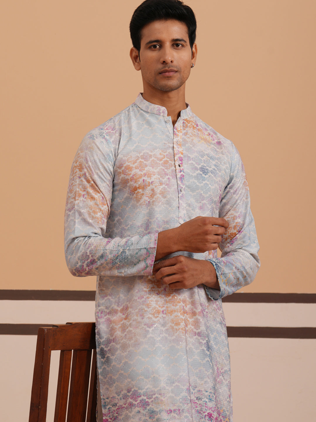 Abstract Printed & Embroidered Kurta (65KO 5364 Blue ) [FF] [Q-8]