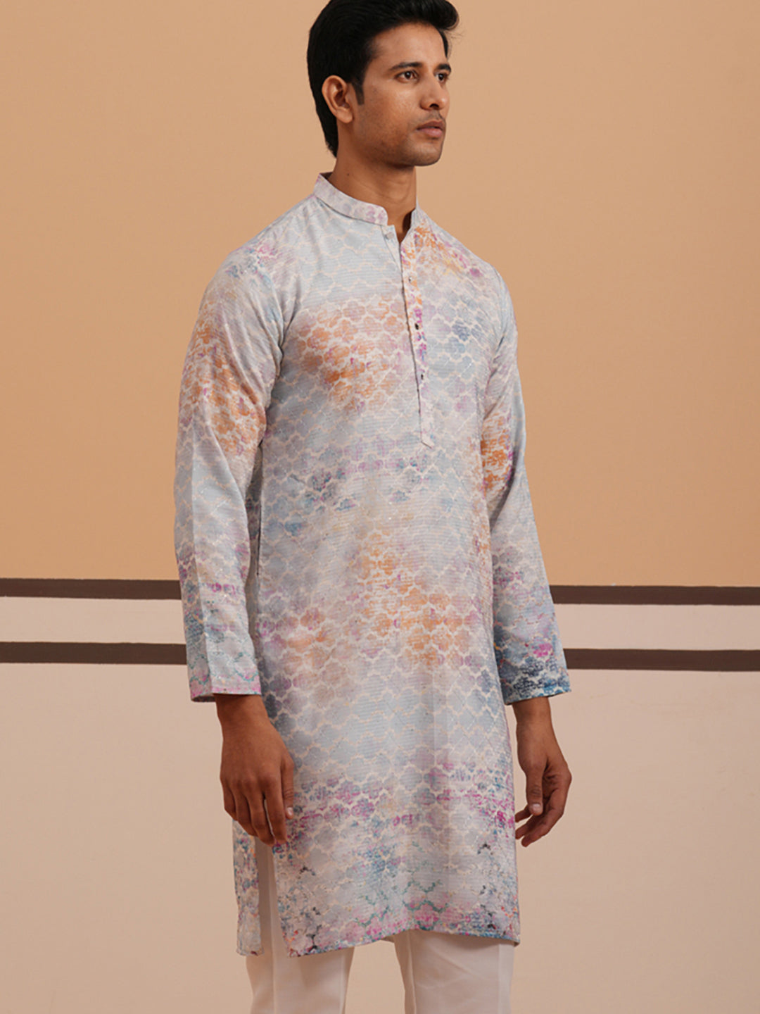 Abstract Printed & Embroidered Kurta (65KO 5364 Blue ) [FF] [Q-8]