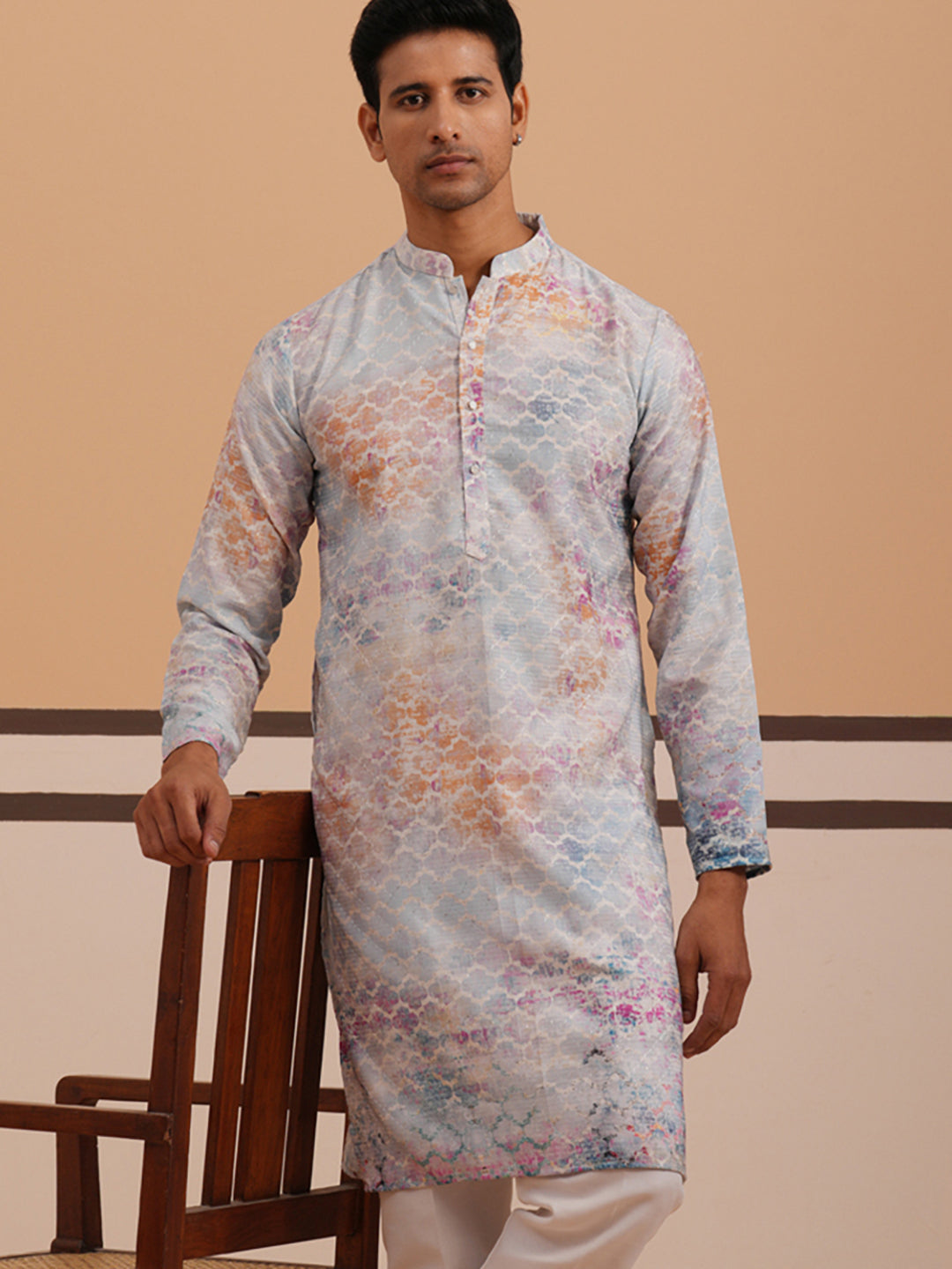 Abstract Printed & Embroidered Kurta (65KO 5364 Blue ) [FF] [Q-8]