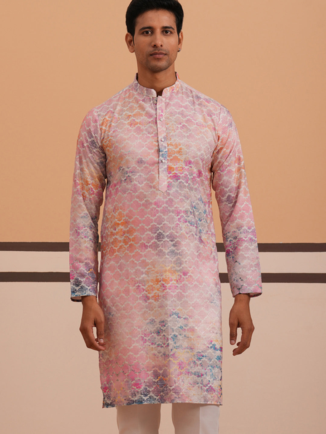 Abstract Printed & Embroidered Kurta ( 65KO 5364 Peach ) [FF] [Q-8]