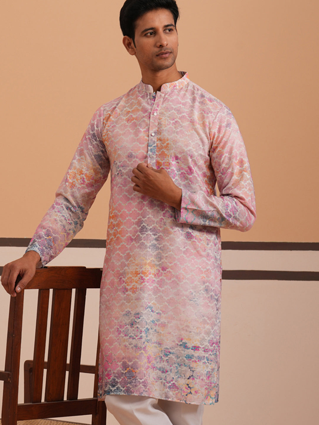 Abstract Printed & Embroidered Kurta ( 65KO 5364 Peach ) [FF] [Q-8]