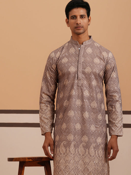Embroidered Cotton-Blend Kurta with Paisley Design (65KO 5365 Grey ) [FF] [Q-12-15]