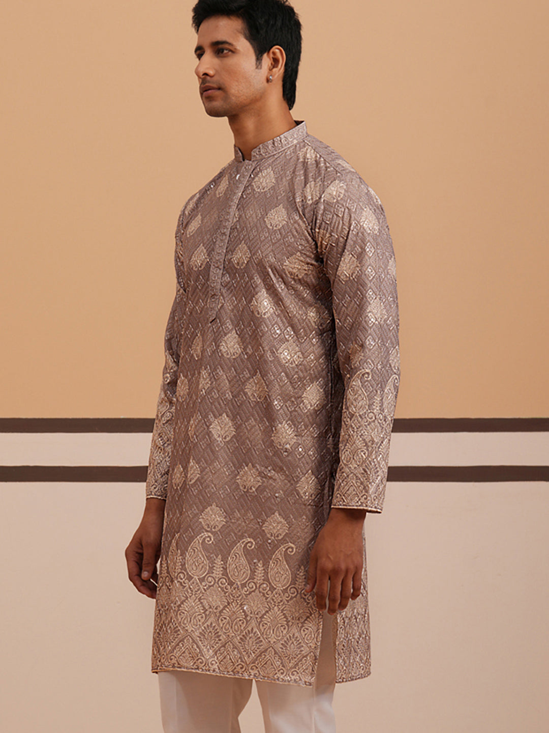 Embroidered Cotton-Blend Kurta with Paisley Design (65KO 5365 Grey ) [FF] [Q-12-15]