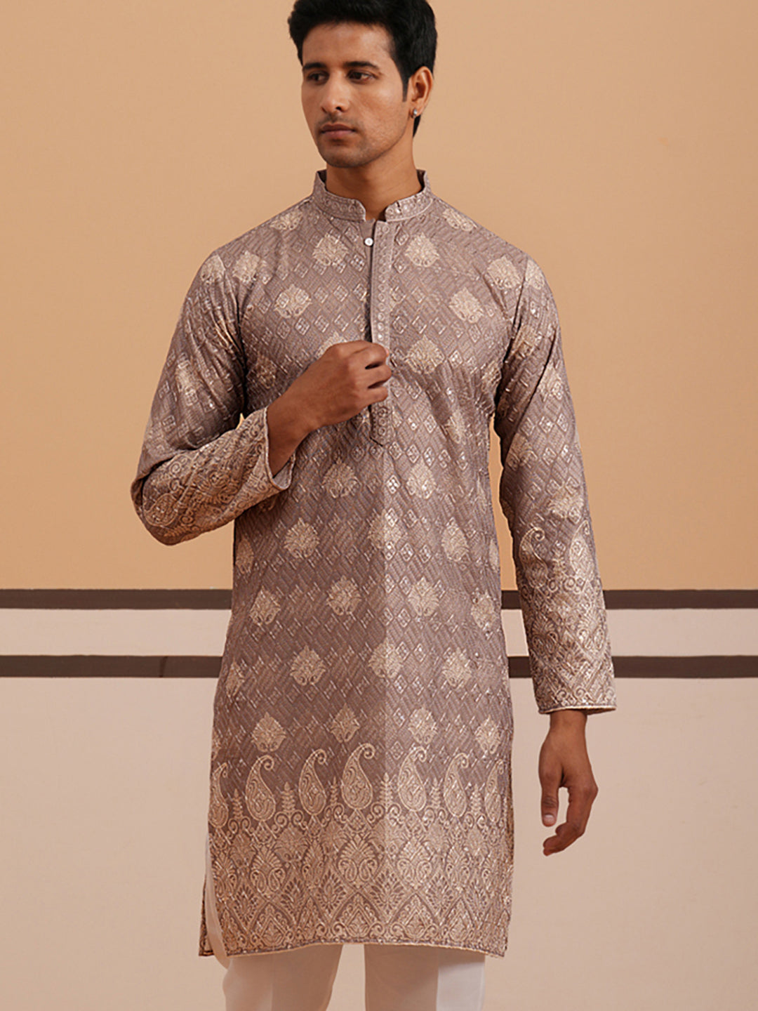 Embroidered Cotton-Blend Kurta with Paisley Design (65KO 5365 Grey ) [FF] [Q-12-15]