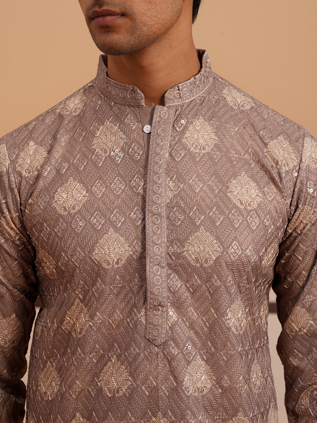 Embroidered Cotton-Blend Kurta with Paisley Design (65KO 5365 Grey ) [FF] [Q-12-15]