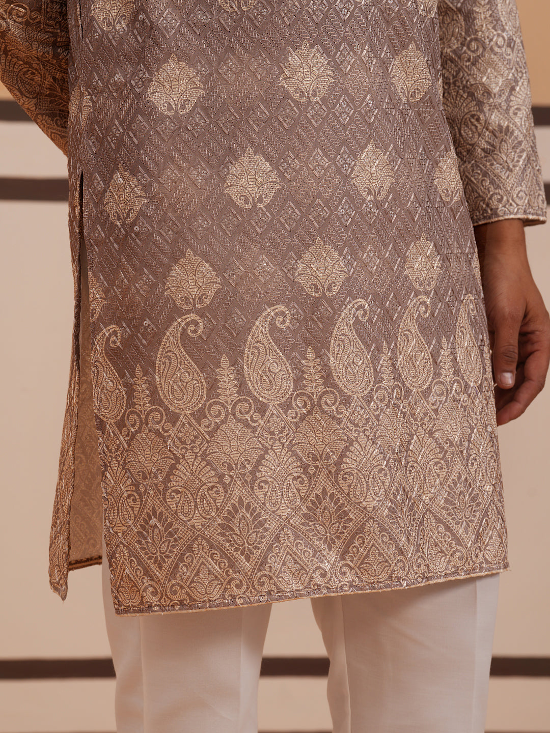 Embroidered Cotton-Blend Kurta with Paisley Design (65KO 5365 Grey ) [FF] [Q-12-15]