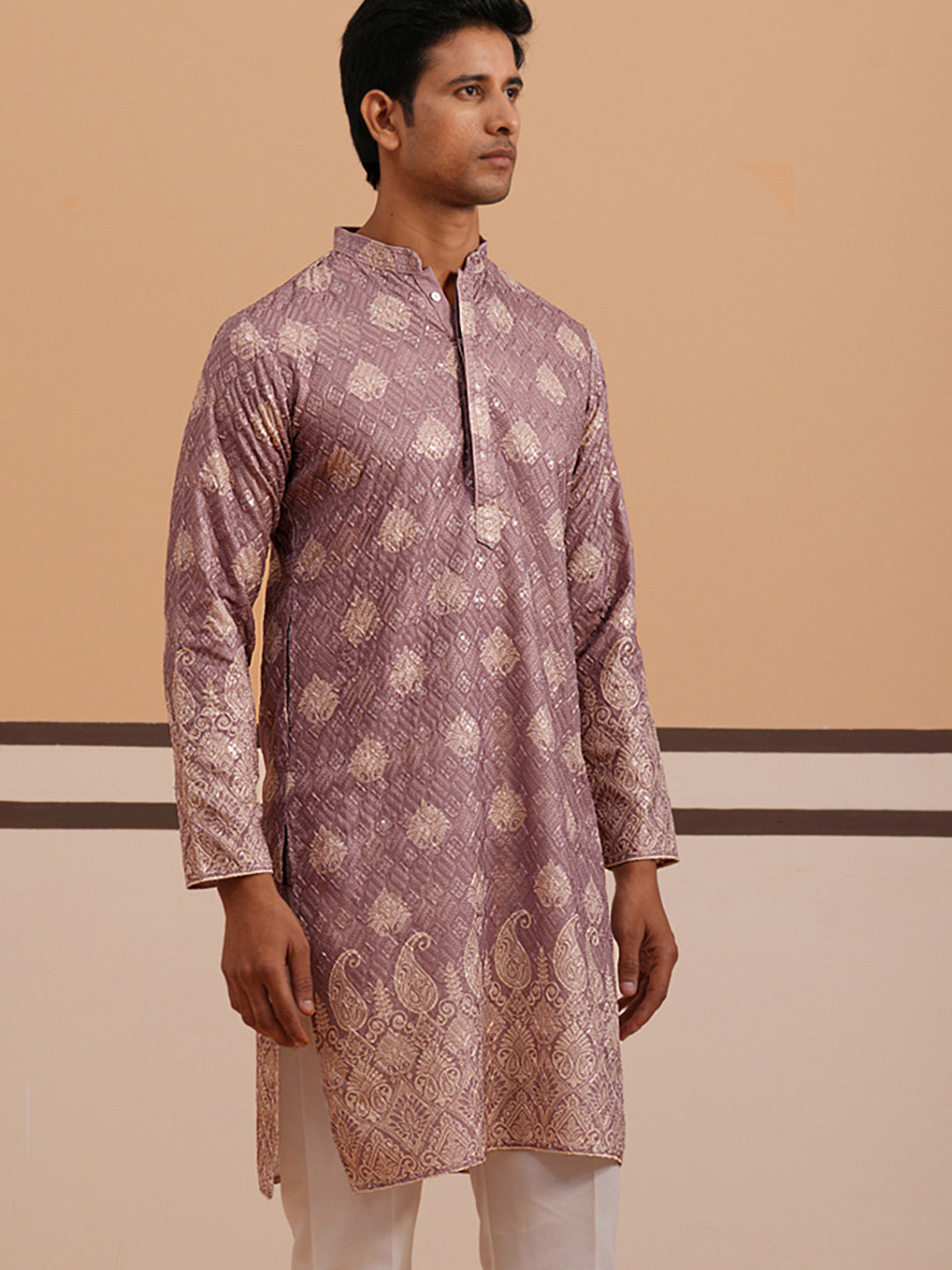 Embroidered Cotton-Blend Kurta with Paisley Design ( 65KO 5365 Magenta ) [FF] [Q-12-15]