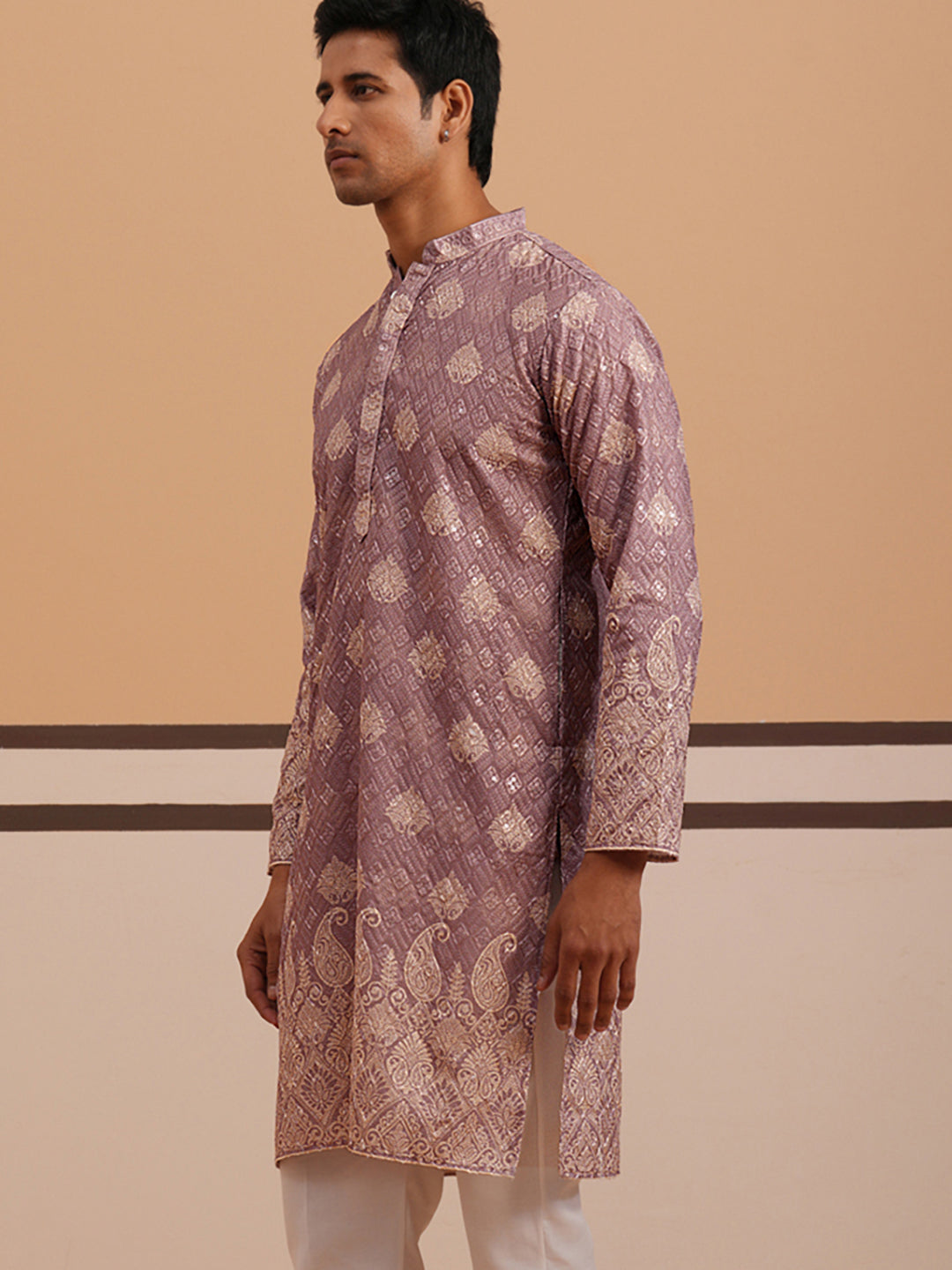 Embroidered Cotton-Blend Kurta with Paisley Design ( 65KO 5365 Magenta ) [FF] [Q-12-15]