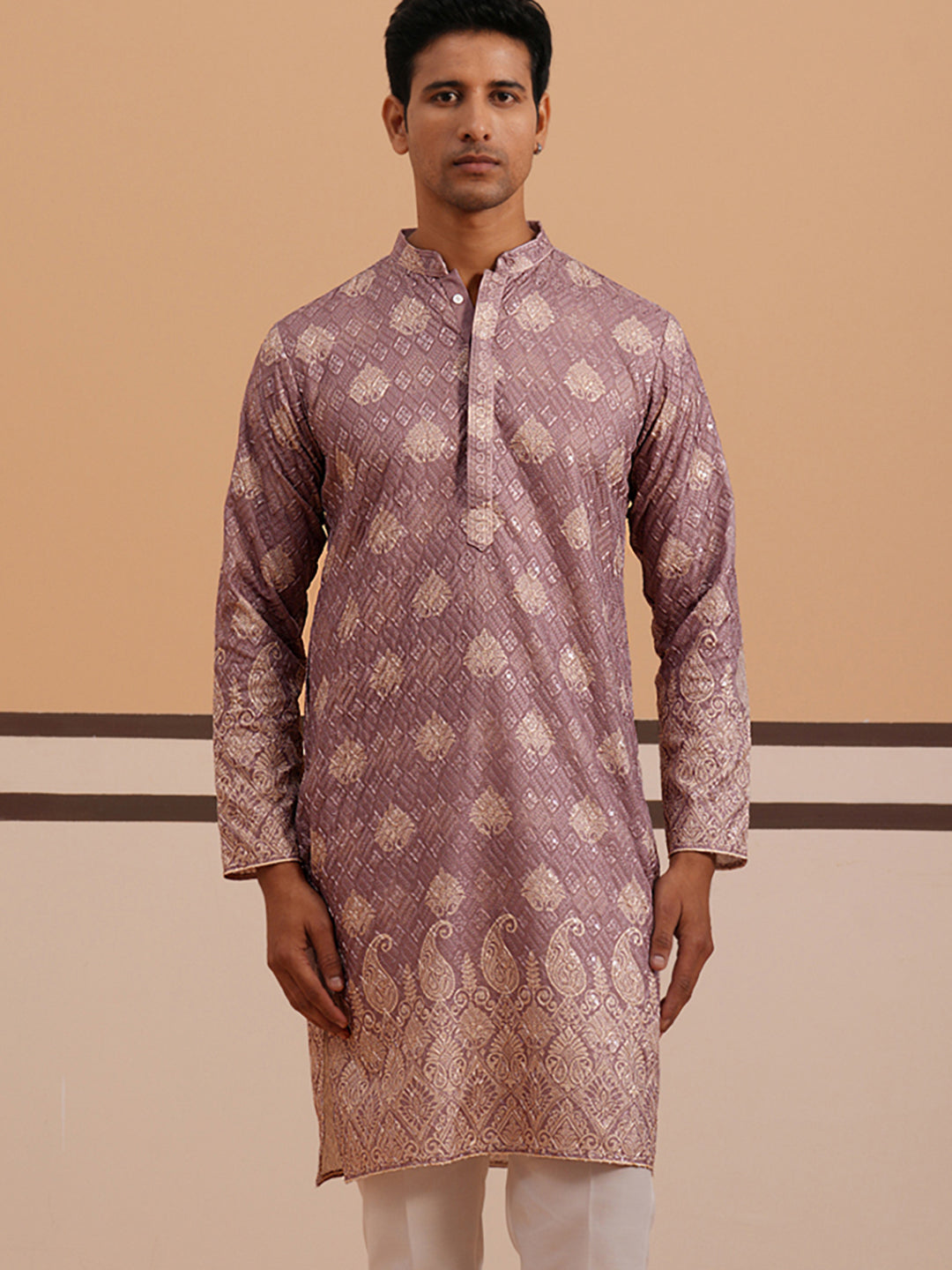 Embroidered Cotton-Blend Kurta with Paisley Design ( 65KO 5365 Magenta ) [FF] [Q-12-15]