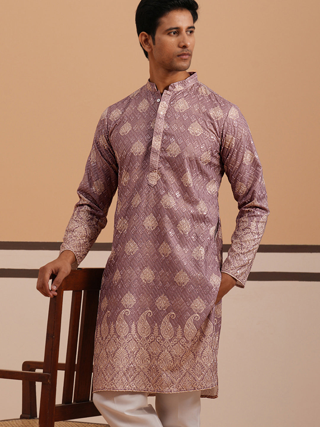 Embroidered Cotton-Blend Kurta with Paisley Design ( 65KO 5365 Magenta ) [FF] [Q-12-15]