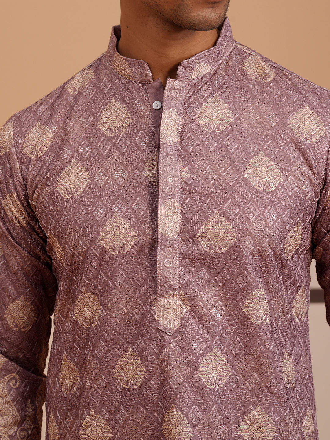 Embroidered Cotton-Blend Kurta with Paisley Design ( 65KO 5365 Magenta ) [FF] [Q-12-15]