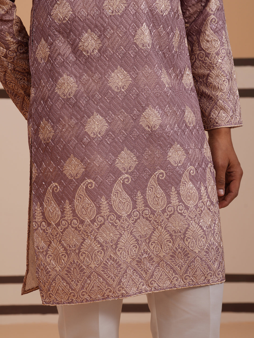 Embroidered Cotton-Blend Kurta with Paisley Design ( 65KO 5365 Magenta ) [FF] [Q-12-15]