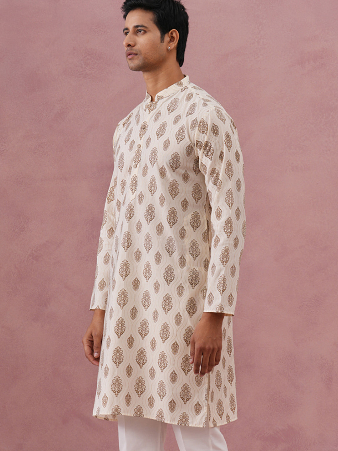 Silk-Blend Foil Printed Festive Kurta ( 65KO 5366 Cream ) [FF] [A-1-4]